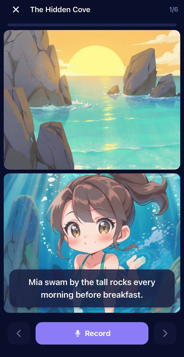 Readigo Manga Mode showing comic panels with speech bubbles and Record button