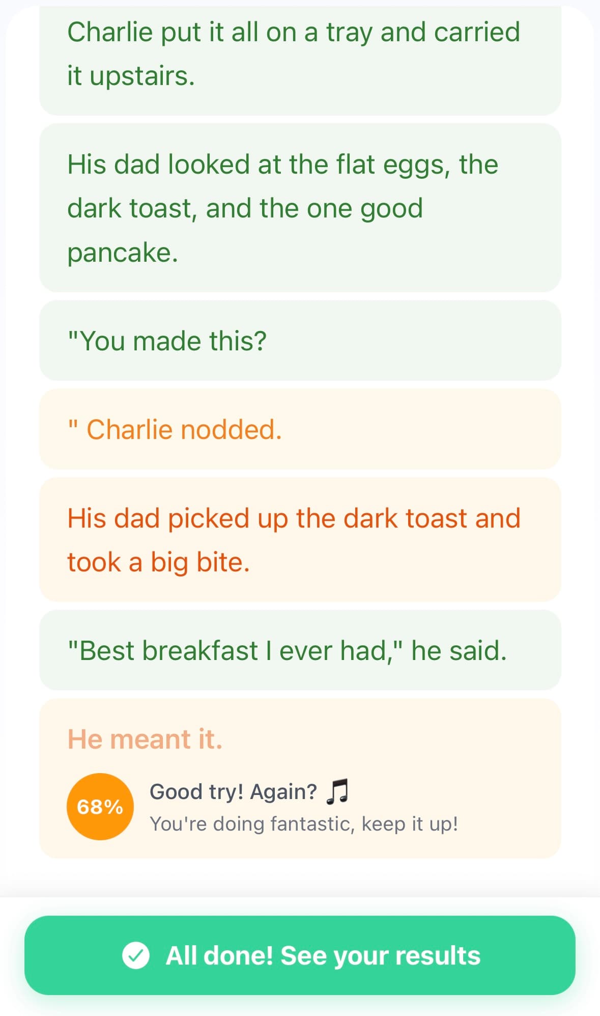 AI reading feedback with color-coded accuracy scoring