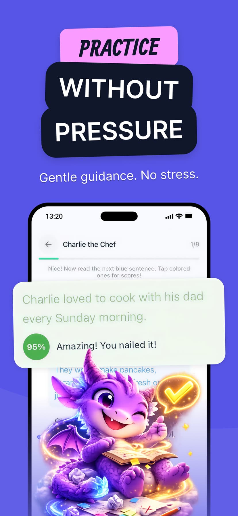 Readigo feedback screen showing 95% score with encouragement